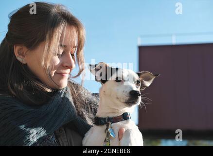 Junge Frau, die Jack russel Terrier Hund hält, während es beiseite schaut. Glücklicher Hund mit Besitzer im Freien. City Walking mit Haustier. Stockfoto