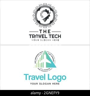Travel Tech Flugzeug Pin Logo Design Stock Vektor
