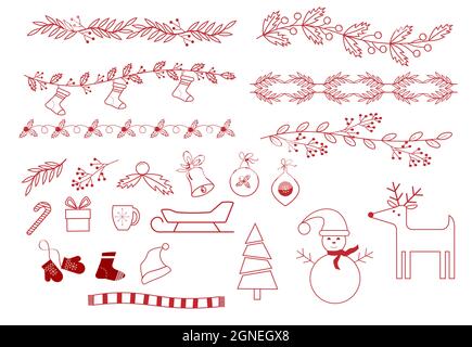 Weihnachtsset. Umrisszeichnung - Ränder aus Ästen, Schneemann und Hirsch, Kugeln, warme Kleidung, Schlitten und Geschenke. Stock Vektor