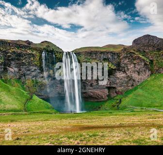 Herrliche Aussicht auf den Seljalandfoss Wasserfall am Morgen auf dem Seljalandsa Fluss. Beeindruckende Sommerszene von Island, Europa. Schönheit der Natur Konzept Hintergrund Stockfoto