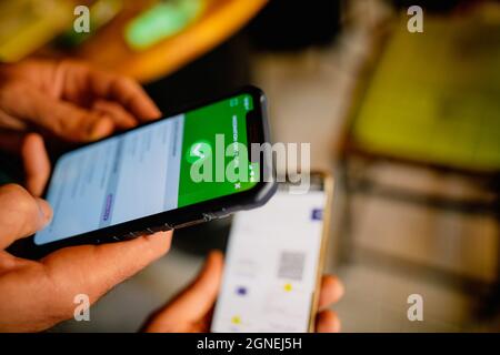 Bukarest, Rumänien - 23. September 2021: Bild der geringen Schärfentiefe (selektiver Fokus) mit einem Restaurantkunden, der ein Covid-19-Zertifikat von einem zeigt Stockfoto