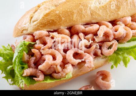 Nahaufnahme des traditionellen deutschen Fischbrotchens aus Baguette-Brot, gefüllt mit Garnelen und frischen Gurken- und Salatblättern Stockfoto