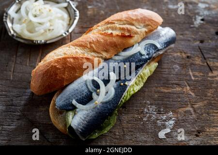 Von oben köstliche traditionelle deutsche Sandwich Fischbrotchen mit knackigem Baguette Brot gefüllt mit mariniertem Hering Fischfilet mit oni Stockfoto