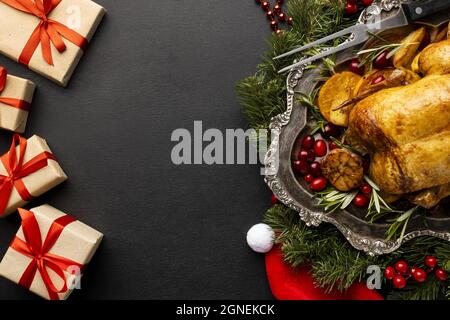 Flaches Lay Delicious christmas Food Sortiment mit Kopierplatz. Hohe Qualität und Auflösung schönes Fotokonzept Stockfoto