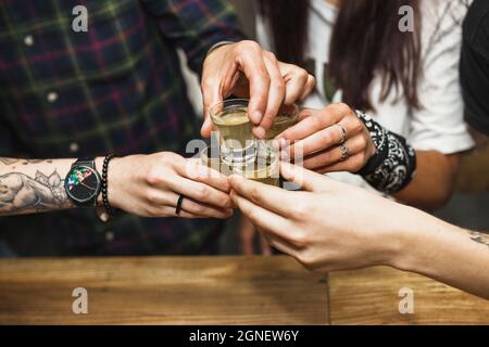 Freunde der Gruppe toasten Tequila Schuss. Hohe Qualität und Auflösung schönes Fotokonzept Stockfoto