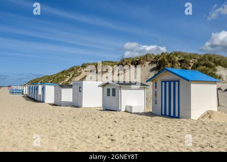 Texel, Niederlande. August 2021. Die Strandhäuser liegen am Strand der Watteninsel Texel. Hochwertige Fotos Stockfoto