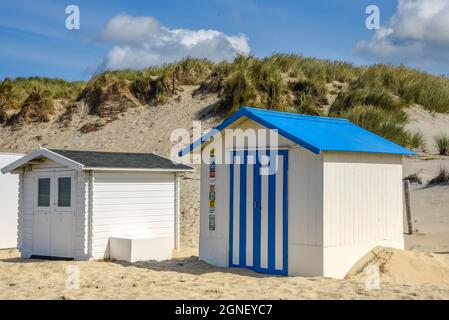 Texel, Niederlande. August 2021. Die Strandhäuser liegen am Strand der Watteninsel Texel. Hochwertige Fotos Stockfoto