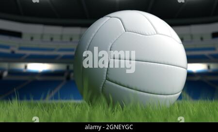 3d-Rendering in geringer Schärfentiefe von Nahaufnahme sauberer Fußball auf grünem Rasen Spielfeld isoliert auf europäischen Fußballstadion Hintergrund in Sport und Stockfoto