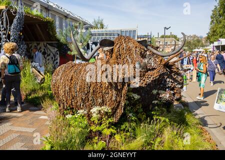 Tierskulpturen aus Metall, Hochlandrinder mit Kettengliedern von ArtFe-Schmied Kev Paxton auf der RHS Chelsea Flower Show, London SW3 im September 2021 Stockfoto