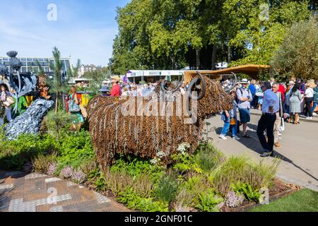 Tierskulpturen aus Metall, Hochlandrinder mit Kettengliedern von ArtFe-Schmied Kev Paxton auf der RHS Chelsea Flower Show, London SW3 im September 2021 Stockfoto