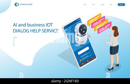 Isometrische künstliche Intelligenz. Chat bot und zukünftiges Marketing. KI und Business IOT Konzept. Chatten mit Chatbot-Anwendung. Dialog-Hilfe-Service. Stock Vektor