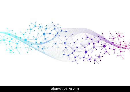 Erweiterung des Lebens. Bunte explosion Hintergrund mit angeschlossenen Leitung und Punkten, Wave fließen. Visualisierung Quantum Technologie. Abstrakte Grafik Stockfoto