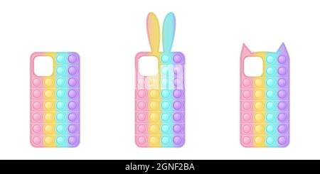 Eine Reihe von Handyhüllen in Form von popit-Spielzeug für Fidgets. Die Bezüge sind in Pastell-Regenbogenfarben mit Hasen- und Kitty-Ohren und einer schlichten Form. Stock Vektor