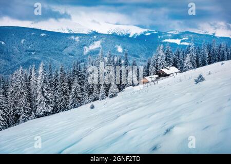Verschneite Wintermorgen in verlassenen Bergdorf. Frostige Outdoor-Szene der Karpaten. Schönheit der Natur Konzept Hintergrund. Stockfoto