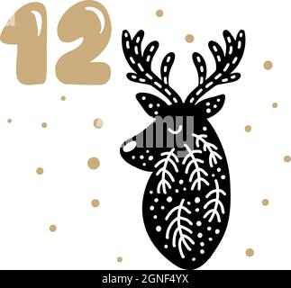 Weihnachts-Adventskalender mit niedlichen skandinavischen handgezeichneten Vektor. 24 Tage vor dem Urlaub. Winterdarstellung des nordischen Hirsches. Ethno Zwölftel Stock Vektor