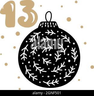 Weihnachts-Adventskalender mit niedlichen skandinavischen handgezeichneten Vektor. 24 Tage vor dem Urlaub. Ethno Dreizehnter Tag. Winterdarstellung von Stock Vektor