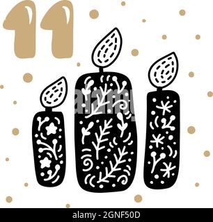 Weihnachts-Adventskalender mit niedlichen skandinavischen handgezeichneten Vektor. 24 Tage vor dem Urlaub. Ethno, elfter Tag. Winter Illustration von nordic Stock Vektor