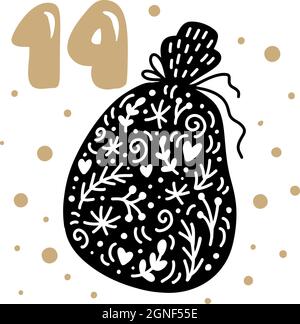Weihnachts-Adventskalender mit niedlichen skandinavischen handgezeichneten Vektor. 24 Tage vor dem Urlaub. Ethno Vierzehnter Tag. Winterdarstellung von Stock Vektor