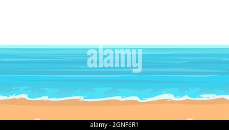Frontalansicht der Küste. Wellen entlang der Surflinie. Gelber Sandstrand. Entfernter Horizont. Das isolierte Objekt auf weißem Hintergrund. Nahtlos Stock Vektor