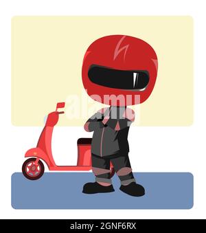 Motorroller-Fahrer. Biker-Cartoon. Abbildung für Kinder. Stehen. In einer Sportuniform und einem roten Helm. Cooler Motorradfahrer. Isoliert auf weißem Hintergrund Stock Vektor