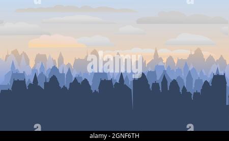 Kleine Stadt Straßen Silhouette. Dächer von Häusern. Landschaft auf dem Land. Flacher Cartoon-Stil. Nahtlose Illustration. Vektorgrafiken Stock Vektor