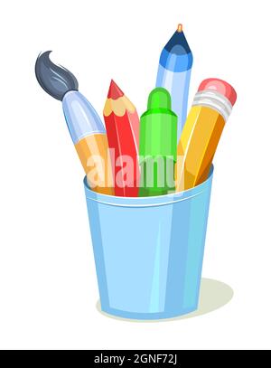 Schreibwaren aus Glas. Werkzeuge für Kreativität und Zeichnen. Kinder lustige Cartoon-Stil. Pinsel und Stifte. Isoliert auf weißem Hintergrund. Vektor. Stock Vektor