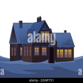 Ländliches kleines Haus im Winter. Landschaft. Eingangstür. Weihnachtsnacht. Ruhiger Winterabend. Isoliert. Giegeldach ist mit Schnee bedeckt. Vorort Stock Vektor