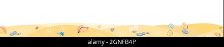 Frontalansicht der Küste. Gelber Sandstrand. Muscheln und Schneckenschalen. Nahaufnahme. Das isolierte Objekt auf weißem Hintergrund. Marine Stock Vektor