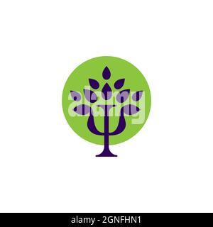 Buchstabe PSI und Baum mit Blättern. Psychologiezeichen. Symbol für flache Therapie. Psychotherapie-Logo. Vektorgrafik minimal Stock Vektor