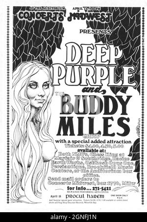 Deep Purple and Buddy Miles, Milwaukee Arts Center, April 12. 1972 Zeitungsannonce. Stockfoto