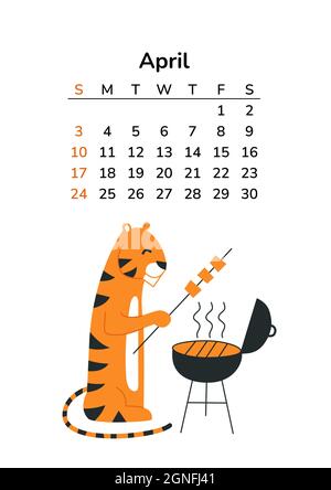 Vertikaler Kalender 2022 mit Tigern. April-Seite. Seiten im A4-Format. Tiger im Cartoon-Stil. Chinesisches Horoskop. Die Woche beginnt am Sonntag. Aktivitäten im Freien Stock Vektor