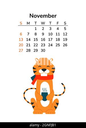 Vertikaler Kalender 2022 mit Tigern. November-Seite. Seiten im A4-Format. Tiger im Cartoon-Stil. Chinesisches Horoskop. Die Woche beginnt am Sonntag. Heiße Getränke. Becher Stock Vektor