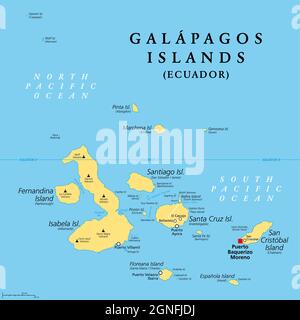 Galapagos-Inseln, Ecuador, politische Landkarte mit der Hauptstadt Puerto Baquerizo Moreno. Archipel vulkanischer Inseln auf beiden Äquatorseiten im Pazifik. Stockfoto