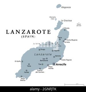 Lanzarote, graue politische Landkarte mit der Hauptstadt Arrecife. Nördlichste und östlichste Insel der Kanarischen Inseln, Spanien. Stockfoto