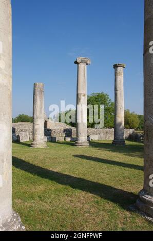 Archäologische Stätte von Altilia: Überreste von Säulen, die anzeigen, wo die Basilika einst stand. Molise, Italien Stockfoto