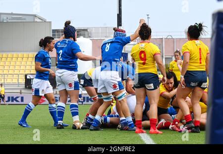 Lanfranchi Stadium, Parma, Italien, 25. September 2021, italiens erster Versuch des Spiels, der von Gaia Maris während der Rugby Women &#39;s World Cup 2022 Qualifiers - Italien vs Spanien - World Cup erzielt wurde Stockfoto