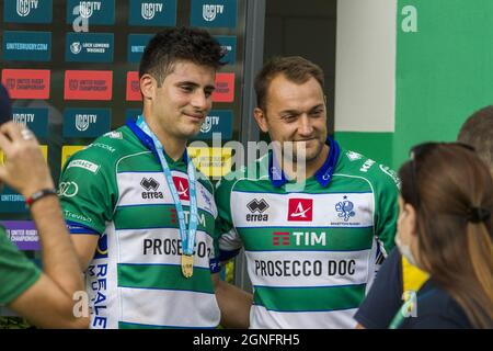 Monigo Stadium, Treviso, Italien, 25. September 2021, Tomas Albornoz Spieler des Spiels während des Spiels von Benetton Rugby gegen DHL Stormers - United Rugby Championship Stockfoto