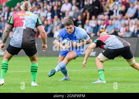LONDON, GROSSBRITANNIEN. September 2021. Ethan Waller of Worcester Warriors während der Gallagher Premiership Rugby-Runde 2 Spiel zwischen Harlequins gegen Worcester Warriors im Stoop Stadium am Samstag, 25. September 2021. LONDON, ENGLAND. Kredit: Taka G Wu/Alamy Live Nachrichten Stockfoto
