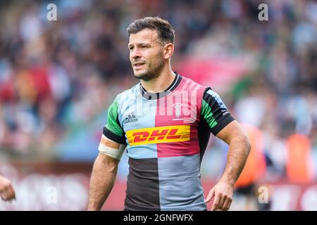 LONDON, GROSSBRITANNIEN. September 2021. Danny Care of Harlequins während der Gallagher Premiership Rugby-Runde 2 Spiel zwischen Harlequins gegen Worcester Warriors im Stoop Stadium am Samstag, 25. September 2021. LONDON, ENGLAND. Kredit: Taka G Wu/Alamy Live Nachrichten Stockfoto