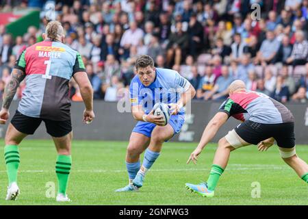 LONDON, GROSSBRITANNIEN. September 2021. Ethan Waller of Worcester Warriors während der Gallagher Premiership Rugby-Runde 2 Spiel zwischen Harlequins gegen Worcester Warriors im Stoop Stadium am Samstag, 25. September 2021. LONDON, ENGLAND. Kredit: Taka G Wu/Alamy Live Nachrichten Stockfoto