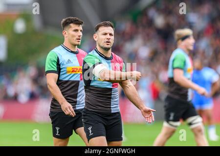 LONDON, GROSSBRITANNIEN. September 2021. Danny Care of Harlequins während der Gallagher Premiership Rugby-Runde 2 Spiel zwischen Harlequins gegen Worcester Warriors im Stoop Stadium am Samstag, 25. September 2021. LONDON, ENGLAND. Kredit: Taka G Wu/Alamy Live Nachrichten Stockfoto