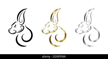 Dreifarbige schwarze Gold- und silberne Linienkunst des Kaninchenkopfes. Gute Verwendung für Symbol, Maskottchen, Symbol, Avatar, Tattoo, T-Shirt-Design, Logo oder ein beliebiges Design Stock Vektor