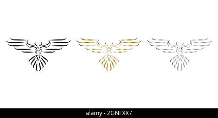Drei Farben schwarz Gold Silber Linie Kunst des phoenix Vogel Stock Vektor