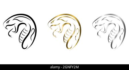 Dreifarbige, schwarze Gold- und silberne Linienkunst des Schlangenkopfes. Gute Verwendung für Symbol, Maskottchen, Symbol, Avatar, Tattoo, T-Shirt-Design, Logo oder ein beliebiges Design. Stock Vektor