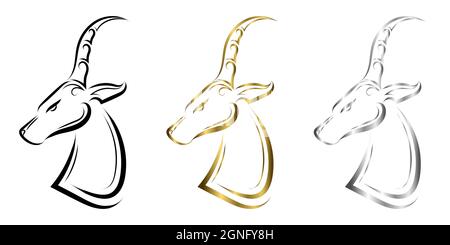 Dreifarbige schwarze Gold- und silberne Linienkunst des Impala-Kopfes. Gute Verwendung für Symbol, Maskottchen, Symbol, Avatar, Tattoo, T-Shirt-Design, Logo oder ein beliebiges Design Stock Vektor