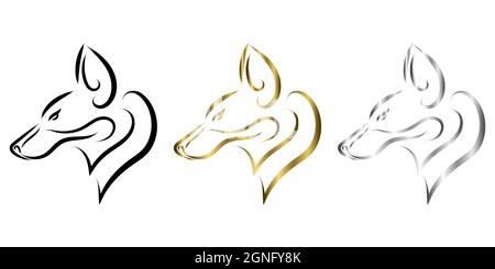 Drei Farben schwarz Gold und Silber Linie Kunst des Fuchskopfes. Gute Verwendung für Symbol, Maskottchen, Symbol, Avatar, Tattoo, T-Shirt-Design, Logo oder ein beliebiges Design. Stock Vektor