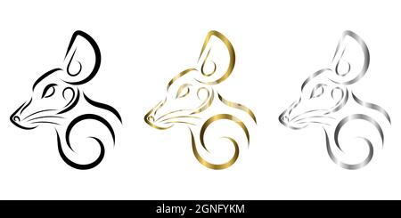 Dreifarbige schwarze Gold- und silberne Linienkunst des Mauskopfes. Gute Verwendung für Symbol, Maskottchen, Symbol, Avatar, Tattoo, T-Shirt-Design, Logo oder ein beliebiges Design. Stock Vektor