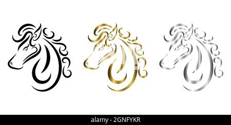 Dreifarbige schwarze Gold- und Silberlinie Kunst des Pferdekopfes. Gute Verwendung für Symbol, Maskottchen, Symbol, Avatar, Tattoo, T-Shirt-Design, Logo oder jedes Design, das Sie w Stock Vektor