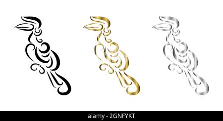 Dreifarbiger schwarzer Goldsilber Linienkunstvektor-Logo des Hornbills, der an einem Ast hängt. Stock Vektor