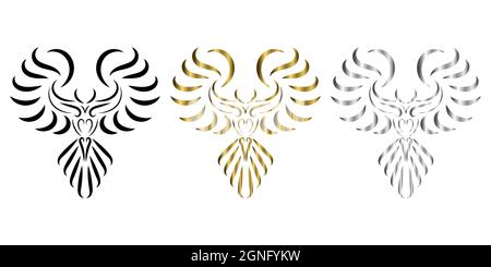 Drei Farben schwarz Gold Silber Linie Kunst des phoenix Vogel Stock Vektor